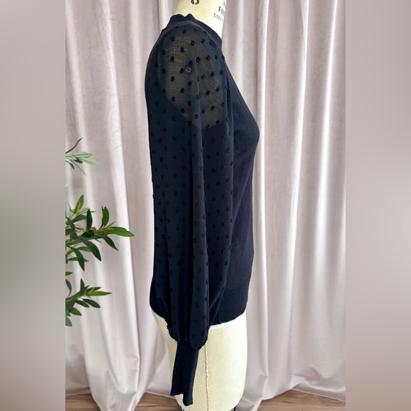 CeCe Black Mockneck Sweater with Sheer Dotted Sleeves - Picture 3 of 9